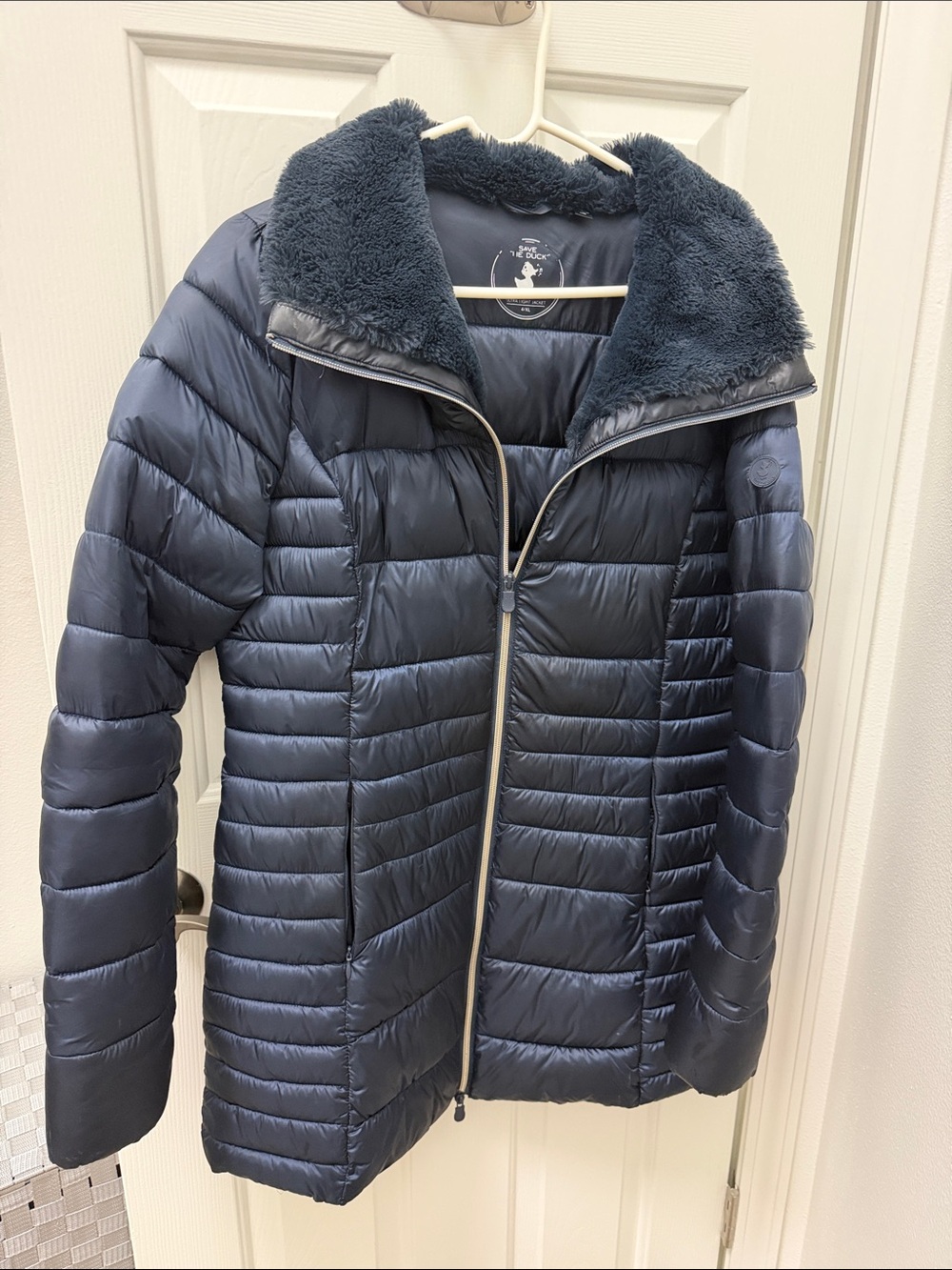 SAVE THE DUCK Navy Quilted Puffer Jacket with Plush Collar